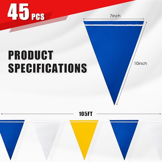 Safety Warning Pennant Banner Flags – Multipurpose OSHA High Visibility Colored Triangle Flags for Roadwork, Party and Hazard Areas(BLUE+WHITE+YELLOW,45pcs,105FT)