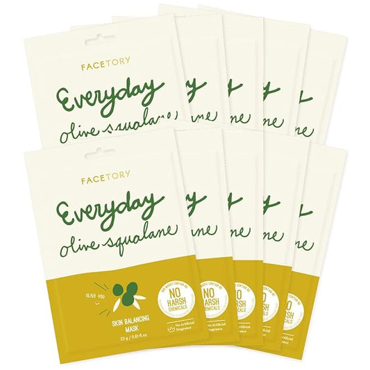 FACETORY K Beauty Face Mask Skin Care - Everyday OLIVE Skin Balancing Sheet Mask | Plant-Based with Squalane Oil (10 Pack)