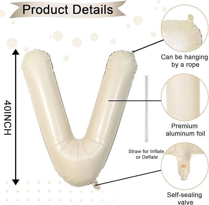 40 Inch Letter Balloons V, Big Custom A-Z Alphabet Foil Name Balloon Cream White, Self Inflating Beige Customize Helium Balloon Letters V for Women Girls Birthday Bride Baby Shower Party Decorations