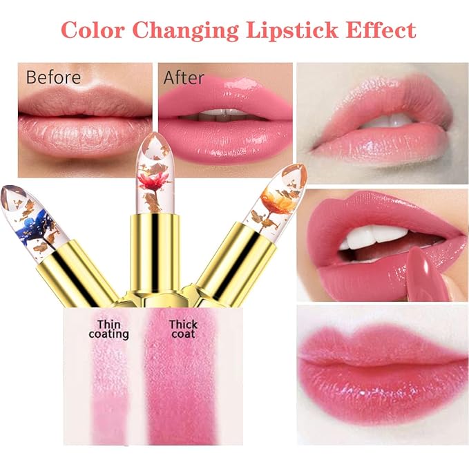 3Pcs Jelly Clear Crystal Flower Lipstick Set, Magic PH Temperature Color Changing Lipstick Lip Gloss, Natural Moisturizing Lip Balm Korean Labiales Magicos Lip Gloss Lip Tinted Stain Makeup