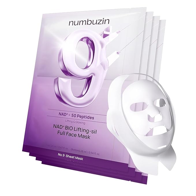 numbuzin No.9 Sheet Mask | NAD+ BIO Lifting-sil Full Face Mask | Improves Jawline, Jowls, Wrinkles, Neck Lines | Peptides, NAD+, Collagen | Skin Firmness | 4 Sheets + Lifting Band
