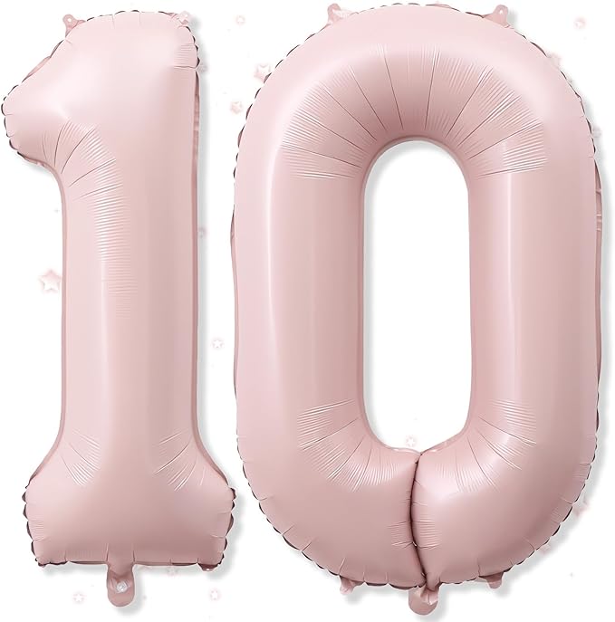 40'' 10 Balloon Number, Large Dusty Baby Pastel Pink Foil Number 10 Balloons Birthday Party Decor, Blush Light Matte Pink Helium Self Inflating Balloon for Girls 10th Birthday Anniversary Decorations