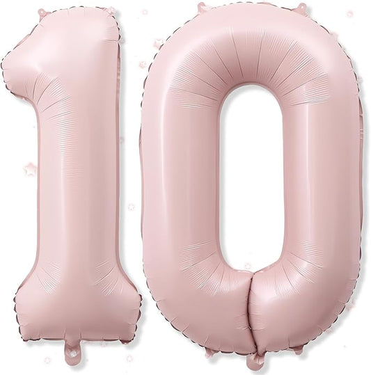 40'' 10 Balloon Number, Large Dusty Baby Pastel Pink Foil Number 10 Balloons Birthday Party Decor, Blush Light Matte Pink Helium Self Inflating Balloon for Girls 10th Birthday Anniversary Decorations