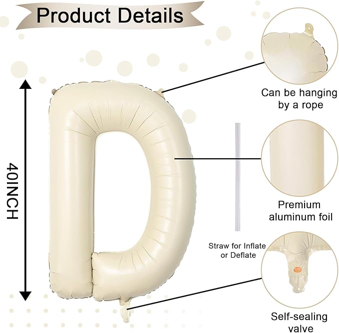 40 Inch Letter Balloons D, Big Custom A-Z Alphabet Foil Name Balloon Cream White, Self Inflating Beige Customize Helium Balloon Letters D for Women Girls Birthday Bride Baby Shower Party Decorations