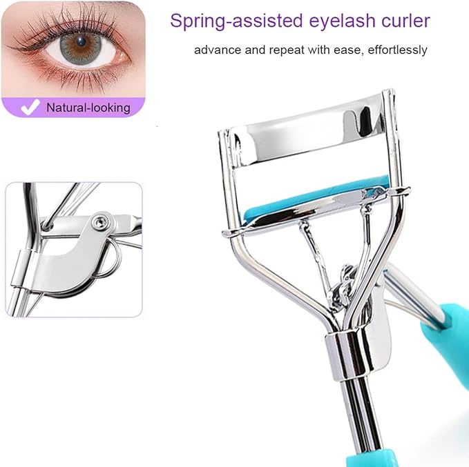 Eyelash Curler - Ergonomic Design for All Eye Shapes, Precision Curl Control, Superior Long- Lasting Curl, Gentle on Lashes, Includes 2PCS Silicone Replacement Pads, Easy to Use (Blue)