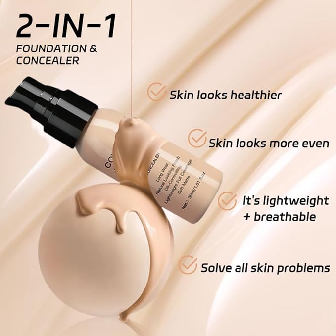 2 in 1 Foundation Concealer, Lightweight Creamy Long Lasting Face Makeup for Combination Oily Skin, Conceals Dark Circles Under Eyes Dark Spots and Blemishes, Vegan Cruelty-Free, Deep