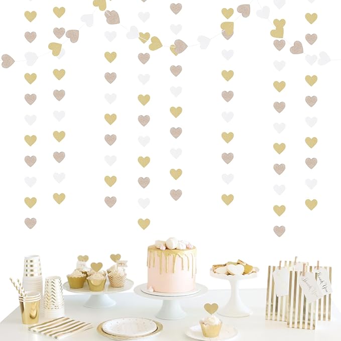 White-Gold Champagne Bachelorette Party Decorations - 52Ft Birthday Heart Hanging Paper Streamers-Garland Banner,Engagement Wedding Neutral Baby Bridal Shower Supplies Decor Ouruola