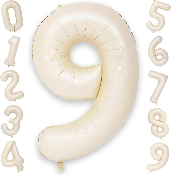 40 Inch Beige Numbers 9 Balloons, Large Self Inflating Cream White Digital 9 Helium Balloons, Giant Foil Mylar Number 9 Balloons for Women Men Girls Boys 9th Birthday Party Anniversary Decorations