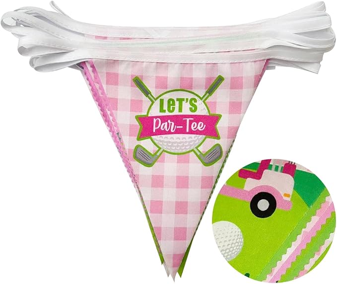 32Ft Pink Golf Party Decorations Pink Green Golf Ball Triangle Flag Fabric Banner Pennant Garland Streamers for Let's Par-tee Birthday Baby Shower Masters Sports Fans Party Outddor Decor Supplies