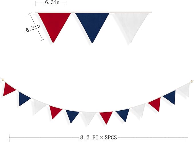 2 Sets of Red Blue White Nursery Garland 24Pcs Patriotic 4th of July Fabric Pennant Banner Flags Triangle Streamers for USA American Independence National Day Birthday Baby Shower Party Decorations