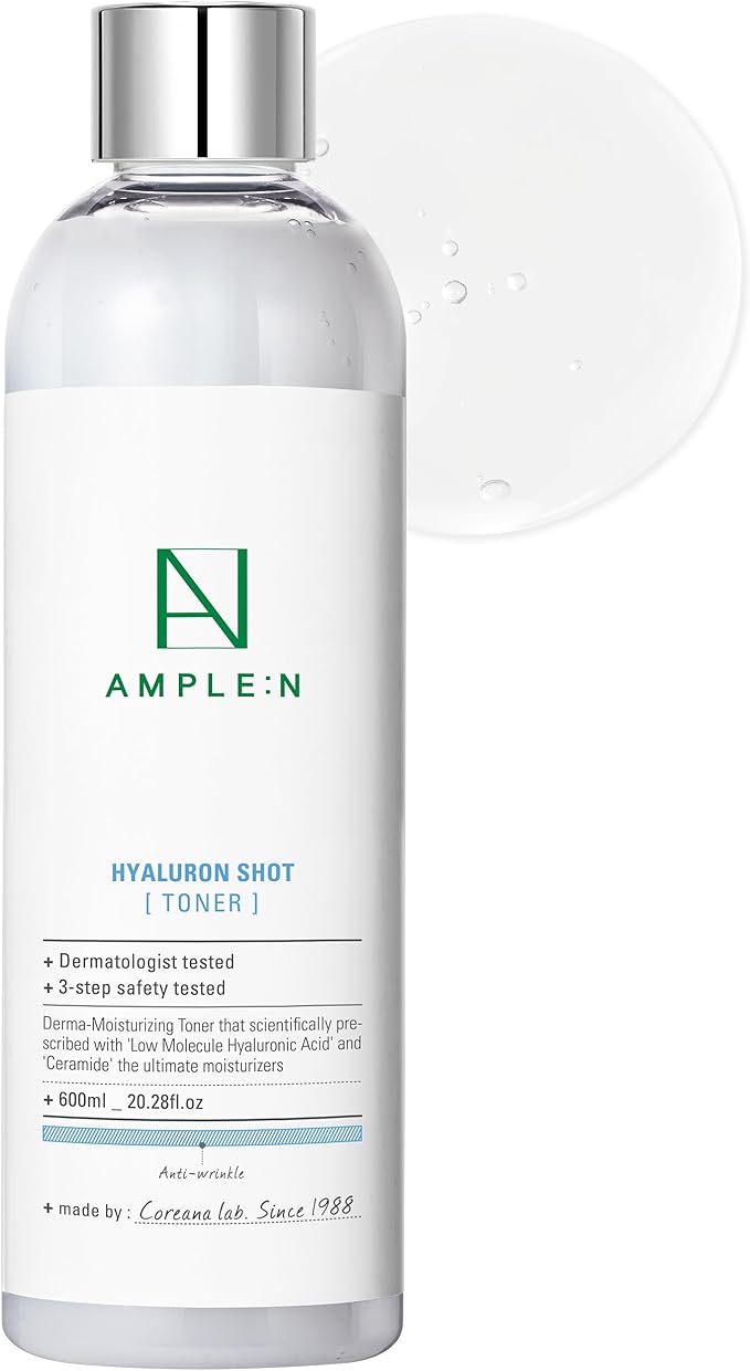 Ample:N Hyaluron Shot Toner – Korean Hyaluronic Acid and Ceramide Hydrating Face Toner - Moisturizing Essence for Minimizing Wrinkles – Dewy Healthy Glow Skin Booster for Dry Skin, 20.3 fl.oz.