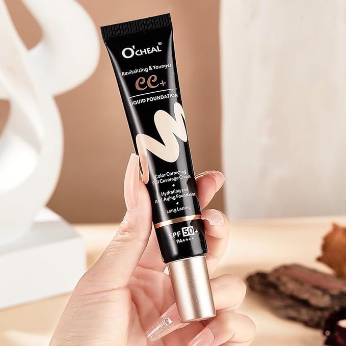 O'CHEAL CC Cream with SPF 50+, Hydrating Color Correcting Cream Full Coverage Lightweight Powder Foundation, Waterproof Long Lasting Pre-makeup Primer Facial Concealer Refine Skin Texture (Ivory)