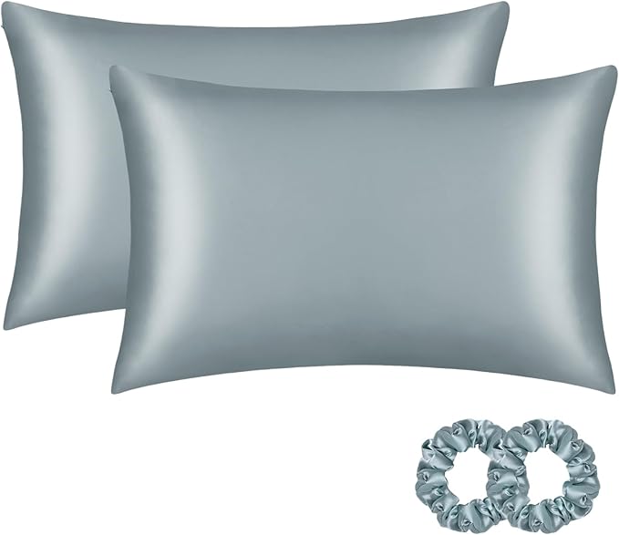 ALASKA BEAR Silk Pillowcase for Hair and Skin, Set of 2 Pure Genuine 22 Momme Mulberry Silk Pillow Cases Queen Size for Bliss Sleep Better Than Poly Satin, Zipper Closure(2pc, HazeBlue)