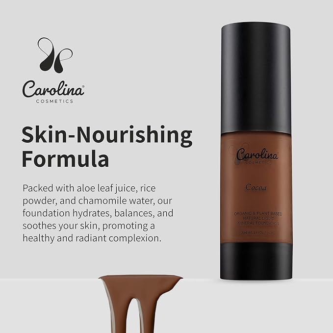 Carolina Cosmetics - Foundation in Cocoa Shade Plant-Based - Hydrating, Pore-Minimizing & Buildable Coverage - Vegan, Non-GMO, Paraben-Free - 1oz