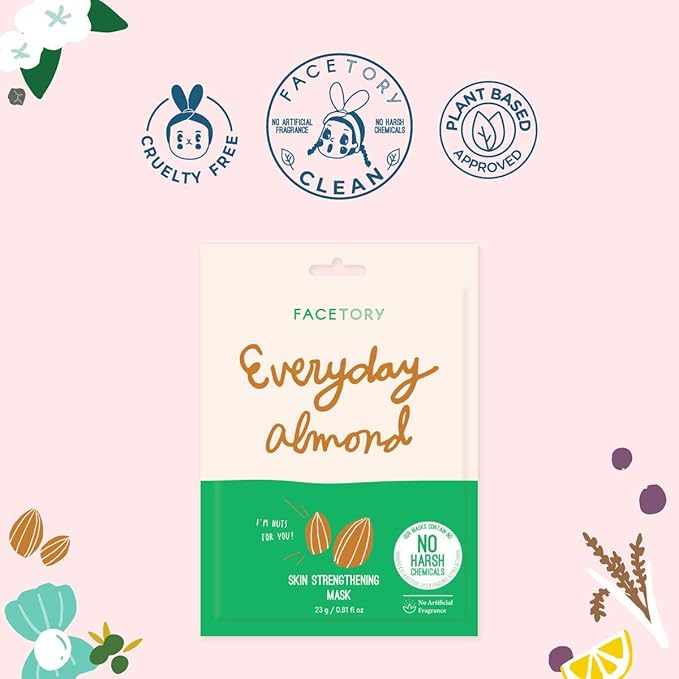 FACETORY K Beauty Face Mask Skin Care - Everyday ALMOND Skin Strengthening Sheet Mask | Plant-Based with Sweet Almond Oil (5 Pack)