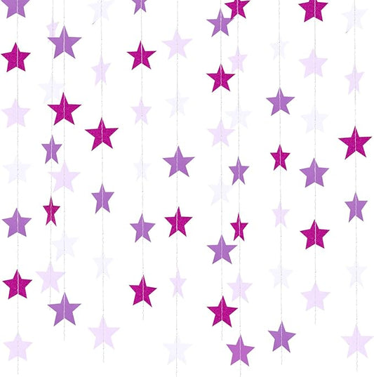 Patelai Glitter Star Garland Banner New Years Decor 130 Feet Star Hanging Banner Twinkle Backdrop for Birthday Classroom Wedding Halloween Christmas Party Supplies(Purple,White)