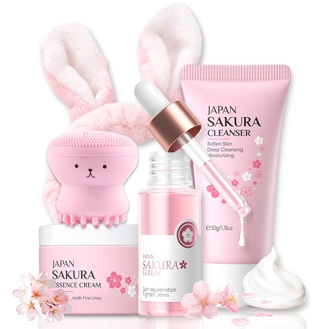 Skincare Set Sakura Teen Girls Gifts - Skin Care Set - Skincare for Teens 10-12 Hydrating - Travel Size Facial Kit for Women with Cleanser,Serum,Cream,Bunny Headband,Cleansing Brush（5pcs）