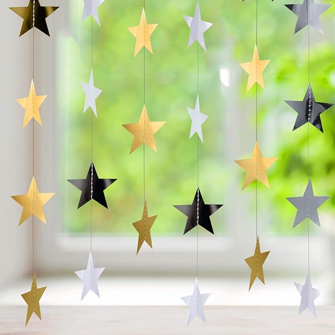 Patelai 130 Feet Glitter Star Garland Banner Decoration Hanging String Star New Year Eve Party Supplies Gold Black Party Decor for 2026 New Year Valentines Wedding Birthday (Gold and Silver)