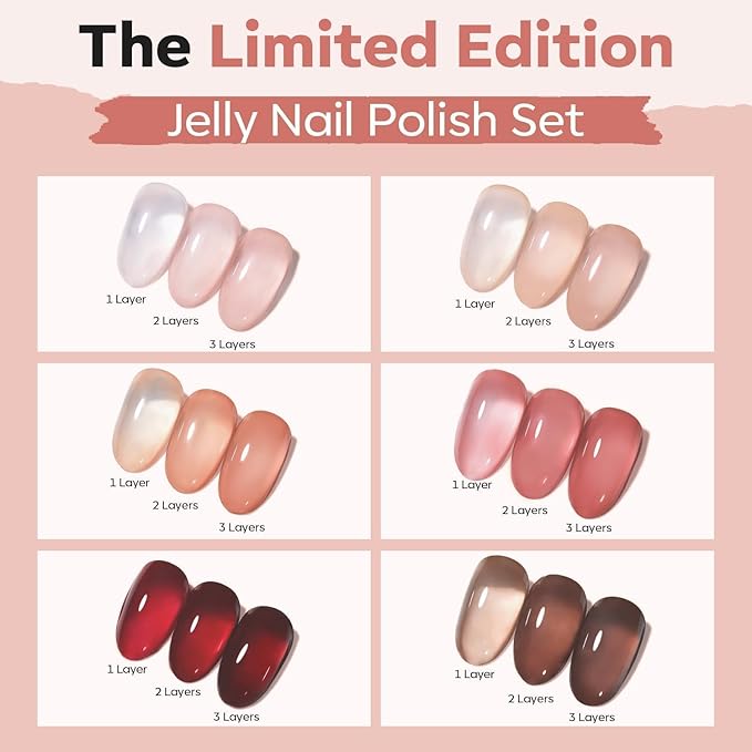 modelones Jelly Nail Polish of 6 Colors Sheer Nude Mini Nail Polish Set Natural Jelly Red Pink Brown Colors Quick Dry Fingernail Polish for DIY Fall Winter Nail Art Salon Home Gift for Women Girl