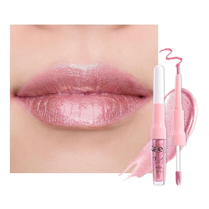 evpct Warm Pink Metallic Glitter Lip Liner and Lipstick Combo Set Long Lasting Waterproof, Metallic Shimmer Lip Gloss Stain Makeup for Women, Warm Pink Frosted Iridescent Glossy Liquid Lipstick 19