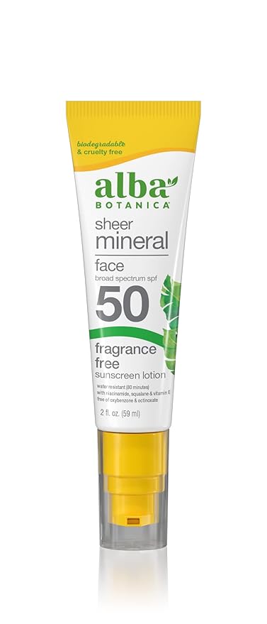 Alba Botanica Sunscreen for Face, Fragrance-Free Sheer Mineral Face Sunscreen Lotion, Broad Spectrum SPF 50, Water Resistant and Biodegradable, 2 fl. oz. Bottle (Packaging May Vary)