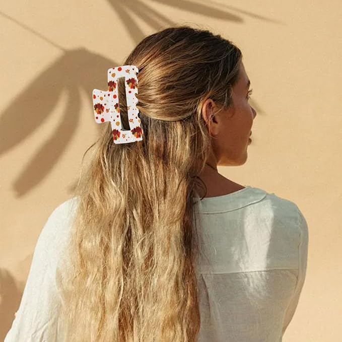 Thanksgiving Hair Claw for Women - 2PCS Turkey Maple Clips Square Large Teeth for Thick and Thin Hair Strong Hold Jar Accessory for Thanksgiving Day Fall Autumn