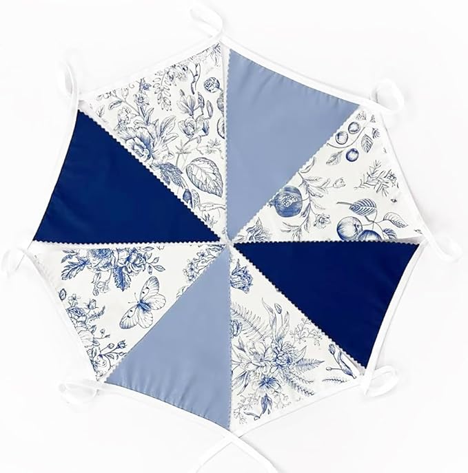 32Ft Blue Floral Party Decorations Vintage Blue White Flower Pennant Banner Fabric Triangle Flag Garland Streamers for Floral Wedding Porcelain Birthday Baby Bridal Shower Garden Tea Party Decor