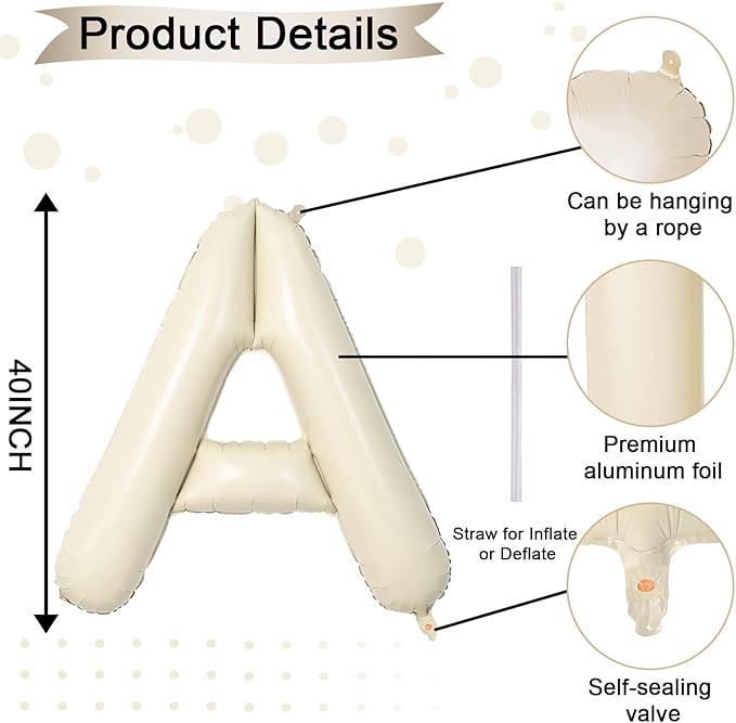 40 Inch Letter Balloons A, Big Custom A-Z Alphabet Foil Name Balloon Cream White, Self Inflating Beige Customize Helium Balloon Letters A for Women Girls Birthday Bride Baby Shower Party Decorations