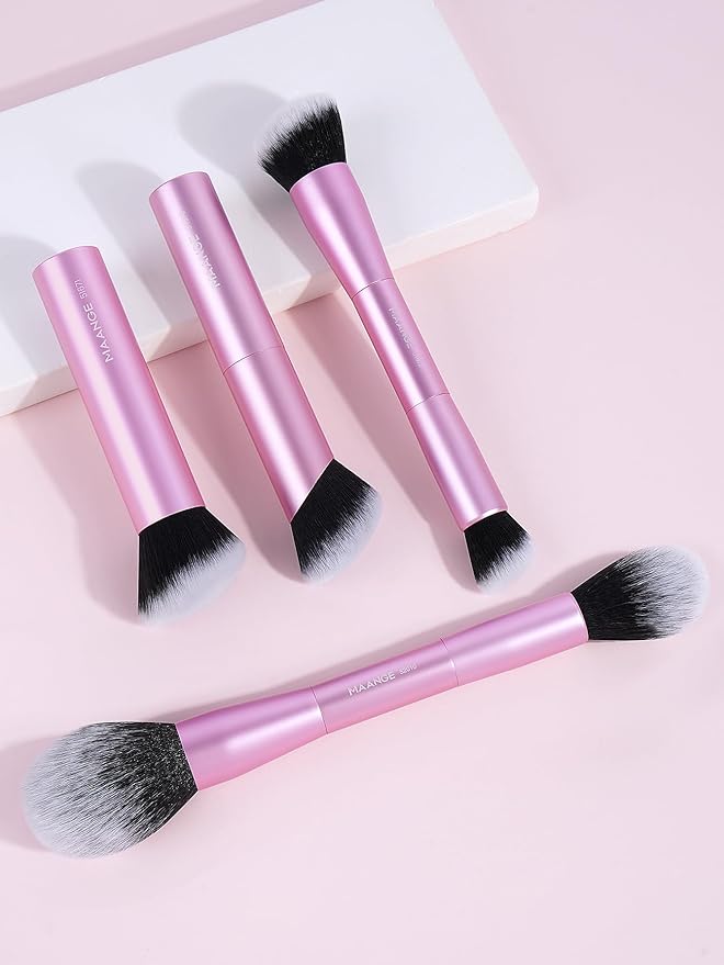 MAANGE 4 PCS Foundation Makeup Brush Set Double-ended Kabuki Brush Contour Brush for Liquid Powder Concealer Cream Cosmetics Blending Blush Face Makeup Tools Kit (Pink)