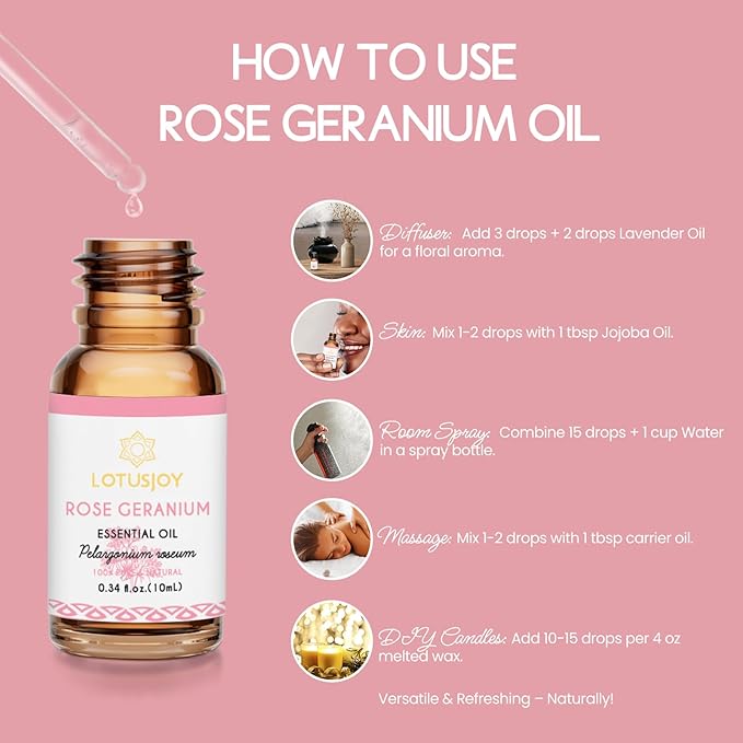 Rose Geranium Essential Oil, Pure Natural for Skin Body Diffuser - 1 Oz