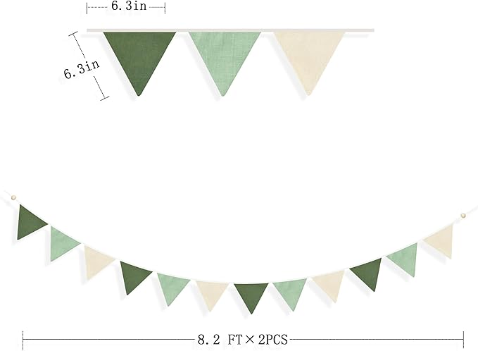 2 Sets of Sage Green Pennant Banner 24Pcs Nursery Garland Flags Olive Green Fabric Linen Triangle Streamers for Baby Room Decor Kids Jungle Safari Summer Birthday Baby Shower Boho Party Decorations