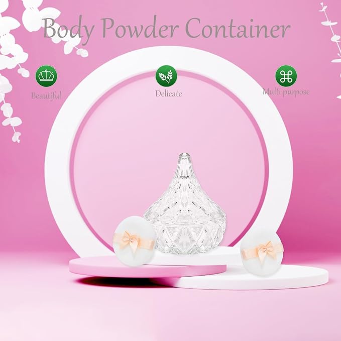 3 Pcs Large Body Powder Puff and Container,Glass Reusable Box Crystal Case Jar with Soft Puff Matsuko Shape