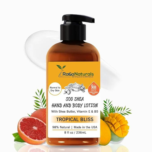 RaGaNaturals Natural Mango Shea Butter Lotion - Tropical Lotion with Vitamin E, B5, Argan & Avocado Oil - Refreshing, Hydrating & Nourishing Moisturizer - Vegan, Cruelty-Free & Paraben Free - 8 Oz