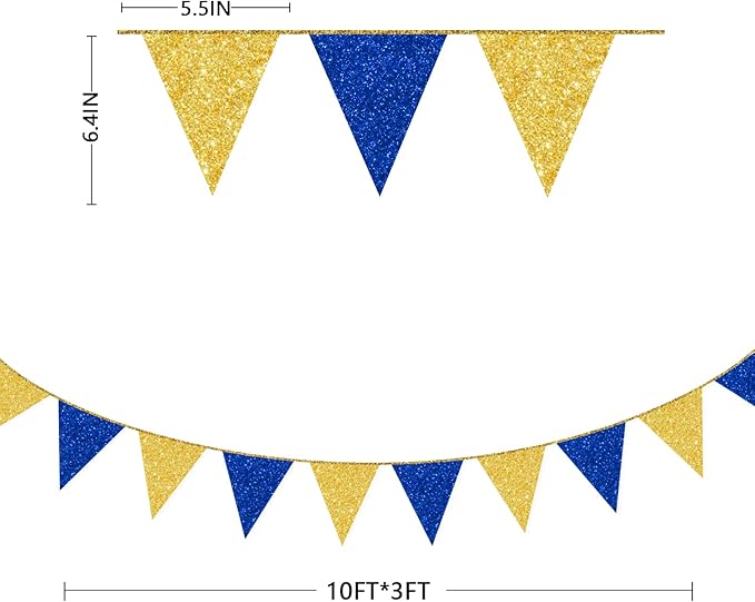 Royal Blue Gold Party Decorations Pennant Banner Flag Glitter Navy Blue and Gold Triangle Hanging Bunting for Birthday Graduation Bridal Shower Wedding Bachelorette Nautical Ahoy Achor Party Supplies
