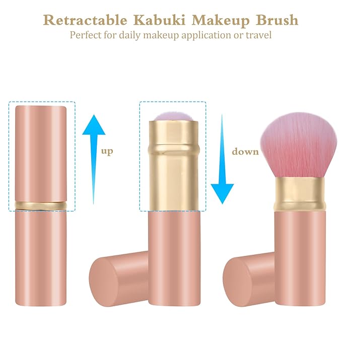 Falliny Retractable Kabuki Makeup Brush, Travel Face Blush Brush, Portable Powder Foundation Sunscreen Brush with Cover for Blush, Bronzer, Buffing, Flawless Powder Cosmetics