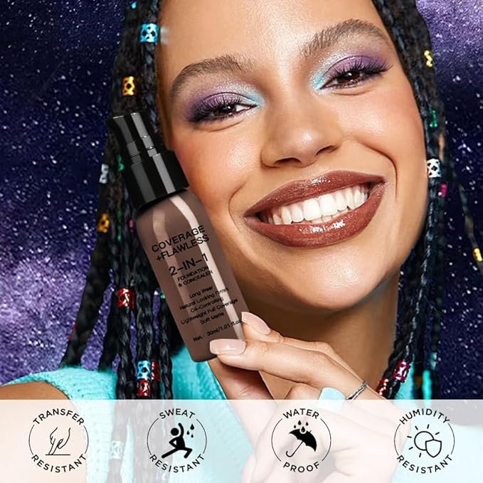 2 in 1 Foundation Concealer, Lightweight Creamy Long Lasting Face Makeup for Combination Oily Skin, Conceals Dark Circles Under Eyes Dark Spots and Blemishes, Vegan Cruelty-Free, Deep