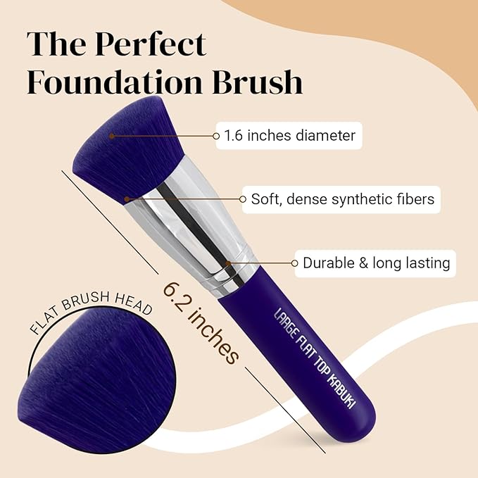 Keshima Large Flat Top Kabuki Foundation Brush - Neon Purple Premium Makeup Brush for Liquid, Cream, and Powder - Buffing, Blending, and Face - 1.6" Top Diameter