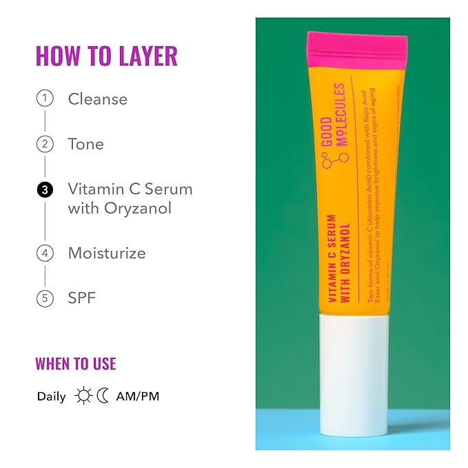 Good Molecules Vitamin C Serum with Oryzanol - Face Serum to Promote Even Skin Tone, Anti-Aging, and Brightening - Skin Care for Face