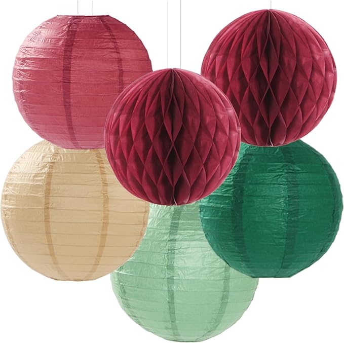 Sage-Olive Green Burgundy Champagne-Gold Party-Decorations - 14pcs Birthday Boho Paper Lanterns Fan Streamers,Tissue Pom Poms, Christmas Baby Bridal Shower Wedding Engagement Decor Lasting Surprise