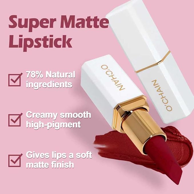 O'CHAIN Dark Red Matte Lipstick, Long Lasting Full Coverage Non-Transfer Lipstick for Women Infused with Jojoba Oil and Vitamin E, Cruelty-Free & Vegan (12 REY) 0.12 Oz