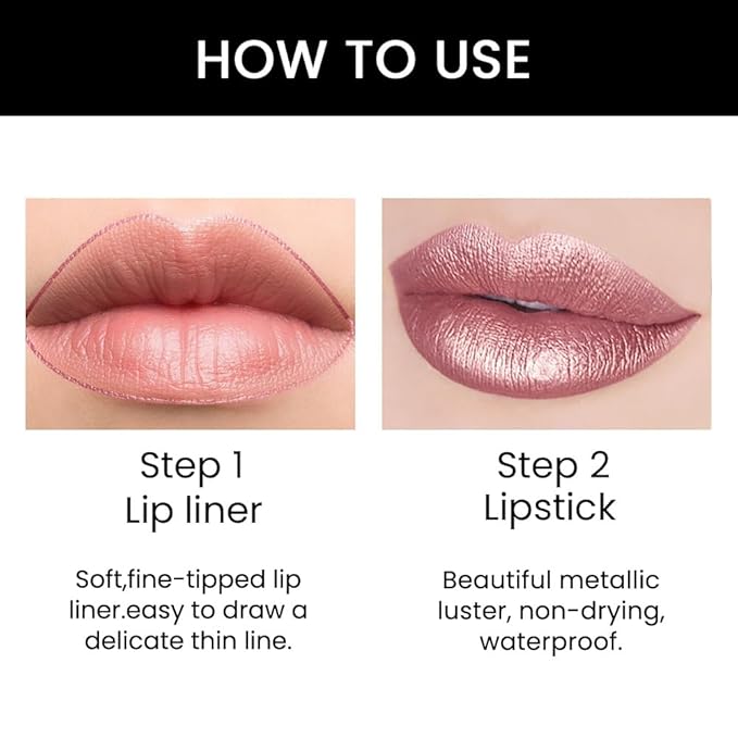 Kaely 2-in-1 Rose Nude Pink Metallic Shine Shimmer Lip Liner & Lipstick Combo Set Kit for Women, Lightweight Hydrating Formula High Impact Full Coverage Lipstick and Lip Liner Makeup Gloss 17