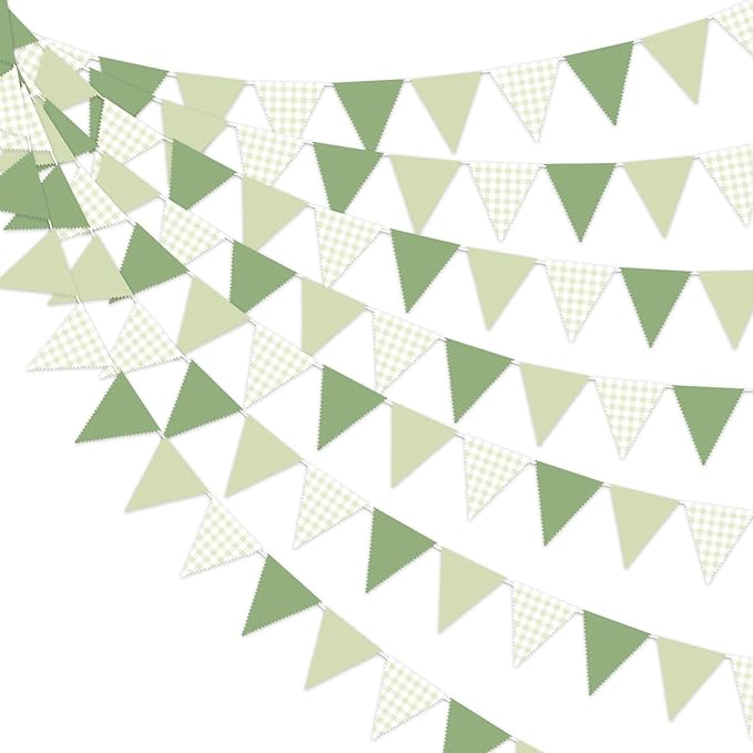 33Ft Green Party Hanging Banner Decoration Green Pennant Plaid Triangle Flag Fabric Bunting Garland for Birthday Wedding Baby Shower Party Supplies