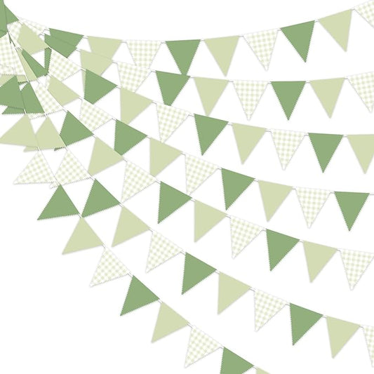 33Ft Green Party Hanging Banner Decoration Green Pennant Plaid Triangle Flag Fabric Bunting Garland for Birthday Wedding Baby Shower Party Supplies