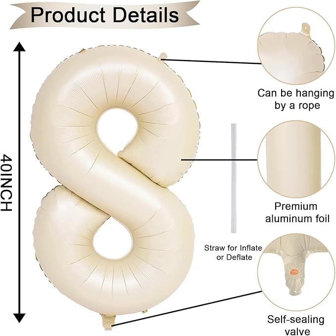 40 Inch Balloon Number 8 Beige, Large Foil Cream Number 8 Balloons Set 0-9 for Men Women, Self Inflating Digital 8 Helium Balloons for Boys Girls Birthday Anniversary Baby Shower Party Decorations