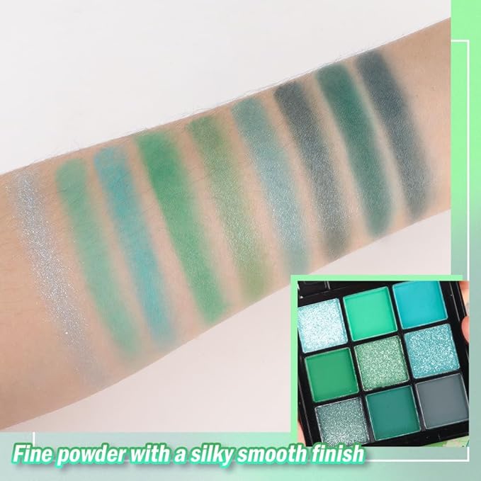 AMY'S DIARY Matte Shimmer Light Deep Green Eye Shadow Palette Makeup,Eyeshadow Long Lasting Waterproof Cruelty-Free, 9 Blendable Shades in Smooth Finishes with Gorgeous Pearls for Girls (Green)