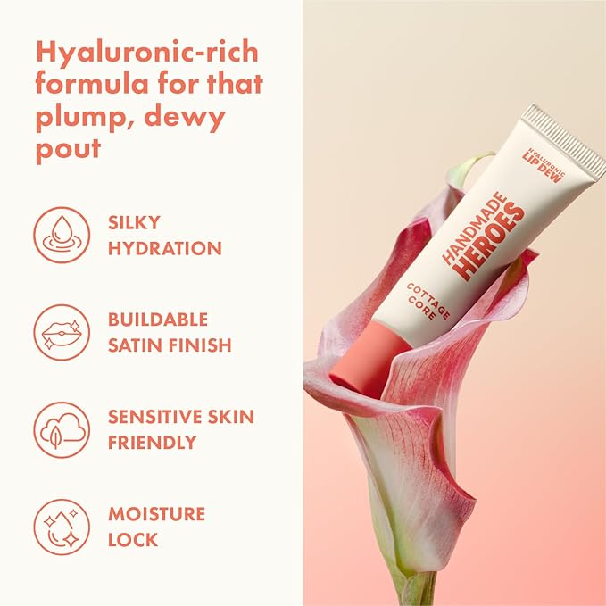 Handmade Heroes 100% Natural Vegan Tinted Lip Gloss with Hyaluronic Acid - Lightweight Moisturizing Soft Lipstick for Dry Lips - Cottage Core (Pink)