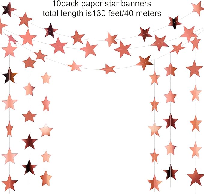 Patelai Glitter Star Garland Banner Decor, 130 Feet Star Hanging Bunting Banner Bright Backdrop for 2025 Graduation Prom Wedding Birthday Christmas Party Supplies(Glitter Rose Gold)