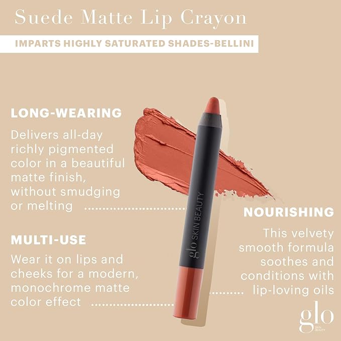 Glo Skin Beauty Suede Matte Lip Crayon (Bellini) - Longwearing Formula Stays On All Day, With Conditioning Shea Butter + Mango Seed Oil for a Velvety Smooth Finish