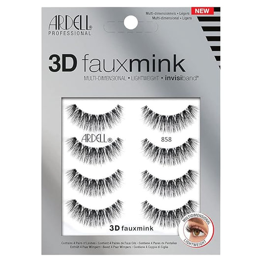 Ardell 3D Faux Mink Lashes 858 - Lightweight False Eyelashes with Invisiband, Reusable Strip Lashes, 4 Pairs