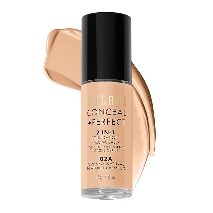 Milani Conceal + Perfect 2-in-1 Foundation + Concealer for a Flawless Complexion, Under Eye Corrector, Cover Redness and Imperfections, Waterproof and Sweatproof - Creamy Natural